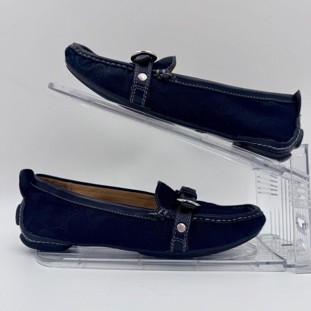 Coach Jillian Navy Blue Signature Jacquard Driving Loafers Buckle Flats 6M - Picture 4 of 9